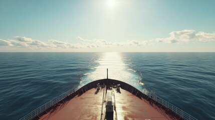 Fototapeta premium A panoramic view of the deck from above, showcasing an oil tanker at sea with clear skies and calm waters.