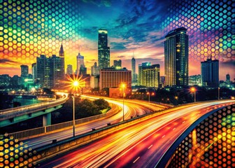 Fototapeta premium Bangkok Nightlife: Retro Dotted Halftone Cityscape with Checkered Banner - Sathorn & Taksin Bridge