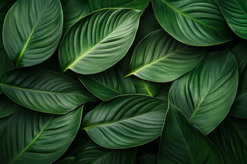 Fototapeta premium A macro shot of Spathiphyllum cannifolium leaves, focusing on the detailed texture and vibrant green color, creating an abstract nature background that emphasizes the beauty.