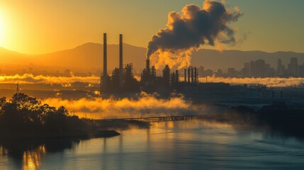 A large industrial plant is spewing smoke into the air