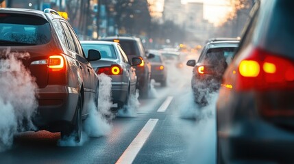 Obraz premium A busy street with cars and one of them has smoke coming out of the back