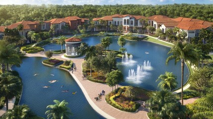 Fototapeta premium Aerial view of a gated community with luxury homes and amenities.