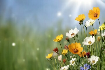 Fototapeta premium Field of colorful flowers under a bright sun against a clear blue sky in a rural landscape
