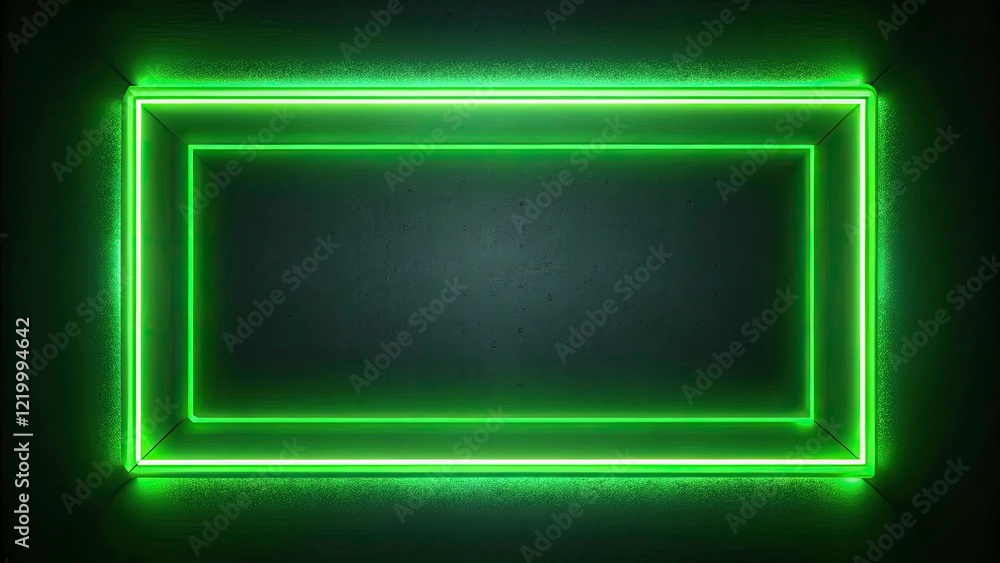 Poster modern glowing green neon rectangular frame on dark background for product display and copy space, i