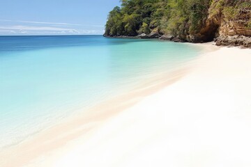 Fototapeta premium Scenic beach landscape featuring clear blue water and soft white sand under a bright sunny sky