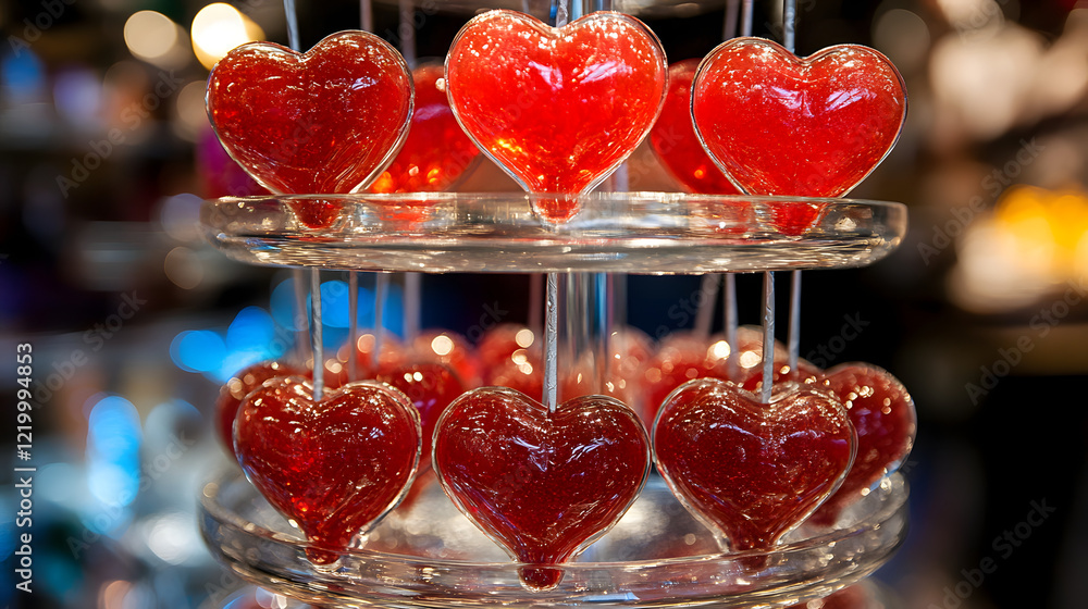 Poster glass display featuring numerous red hearts arranged in an artistic pattern on a neutral background