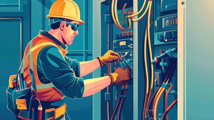 A male electrician in safety gear works on a switchboard, connecting cables and checking the system, surrounded by wires and tools in a clean, professional setting.