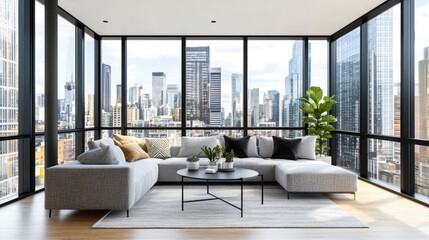 Fototapeta premium An upscale penthouse with floor-to-ceiling windows and a city skyline view.