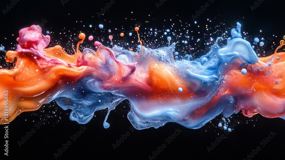Poster dynamic colorful collision: a high-speed capture of vibrant paint drops in artistic unison