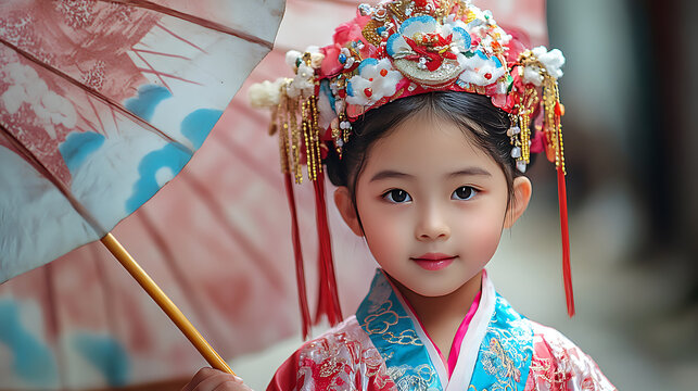 A child wearing a traditional Chinese costume.
