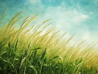 Fototapeta premium Golden grass field swaying in gentle breeze under vintage sky
