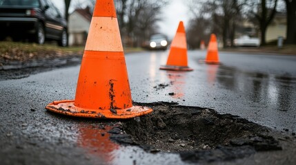 Bright Orange Road Cones Strategically Placed Around a Pothole on a Wet Asphalt Road