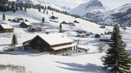 Fototapeta premium Charming Winter Village Scene with Snow-Covered Houses and Majestic Mountains in Serene Alpine Landscape