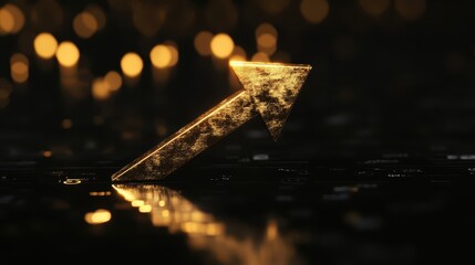 Golden Arrow Rising Over Reflective Black Surface with Lights Capturing Growth and Success in a Dynamic Visual Display