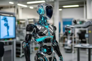 Futuristic humanoid robot in a modern factory setting.  Advanced technology and artificial intelligence concept.