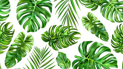A lush and vibrant seamless pattern of tropical leaves in various shades of green against a white background.