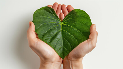 Heart-shaped green leaf held gently in hands on a white background