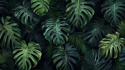 A seamless pattern with green tropical leaves.