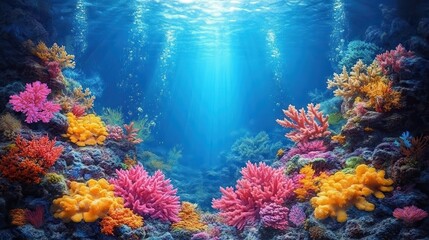 Naklejka premium Vivid Underwater Coral Reef Ecosystem - Bold Outlines Concept Art