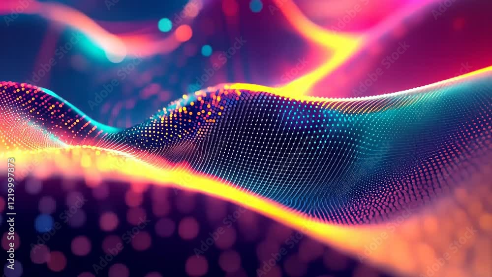 Poster exploring vibrant waves of color and light in a captivating digital landscape at dusk. generative ai