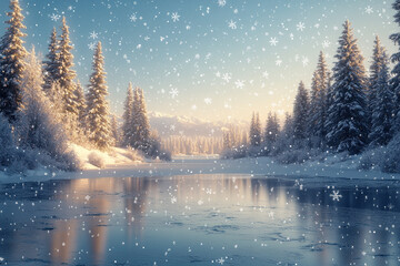 Fototapeta premium A peaceful snowy landscape with gently falling snowflakes, pine trees dusted with snow, and a frozen lake.