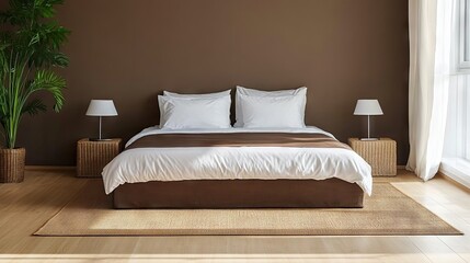A modern bedroom with elegant bedding and matching bedside lamps.