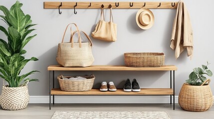 Fototapeta premium A modern entryway with a shoe rack, coat hooks, and decorative baskets.