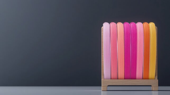 Colorful hair accessories on wooden stand, minimalist background. Product display, online store