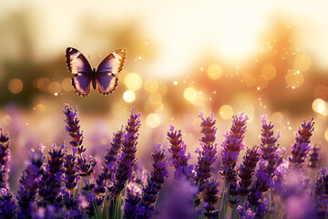 A picturesque summer landscape with a butterfly hovering above a vibrant lavender field. The scene is bathed in golden sunlight, creating a sparkling bokeh effect and enhancing the vivid colors .