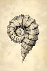 Black Ink Sketch of an Ammonite Fossil in Vintage Engraving Style