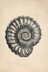Black Ink Sketch of an Ammonite Fossil in Vintage Engraving Style