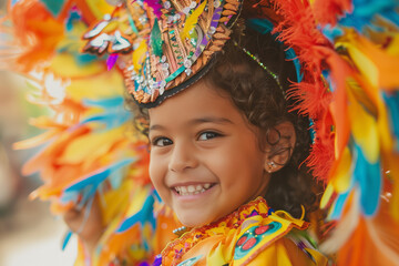 Fototapeta premium Brazilian Carnival Dancer Costume for Girl Featuring Joyful Feathers and Colors for Parties and Festival Fun