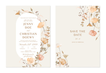 wedding invitation and save the date template set of delicate muted tones of peach, cream, and brown of flowers and foliage on a soft cream background, adding a natural and earthy aesthetic