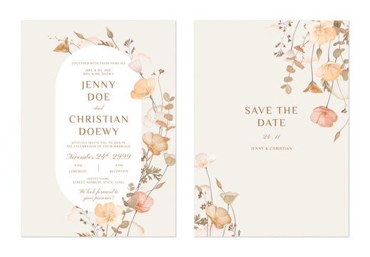 wedding invitation and save the date template set of delicate muted tones of peach, cream, and brown of flowers and foliage on a soft cream background, adding a natural and earthy aesthetic