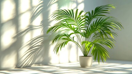 Obraz premium Indoor potted palm plant, sunlit room, minimalist design, home decor