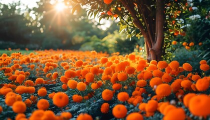 Vibrant marigold flowers blooming in a lush garden nature photography sunshine close-up perspective