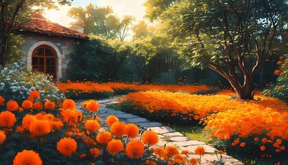 Vibrant flower garden pathway serene outdoor setting nature photography lush greenery bright colorful blooms