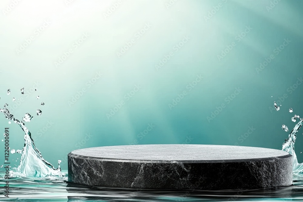 Poster hockey puck floating in water with a light source creating reflections and shadows behind it