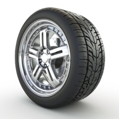 Obraz premium A detailed image of a modern car tire mounted on a stylish alloy wheel. isolated on white background