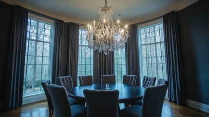 A statement chandelier above a round dining table with upholstered chairs.