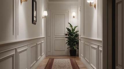 A stylish hallway with a runner rug and decorative mirrors on the walls.