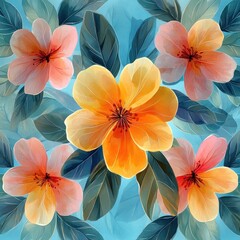 Obraz premium Vibrant Floral Pattern Watercolor with Pink Green Leaves and Turquoise Background