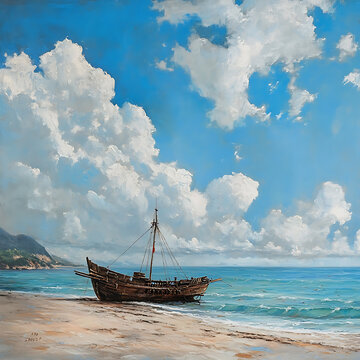 A beach with a Chinese fishing boat.