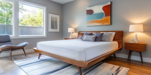 A modern bedroom featuring a sleek platform bed, abstract art, and minimalist decor for a clean, contemporary look