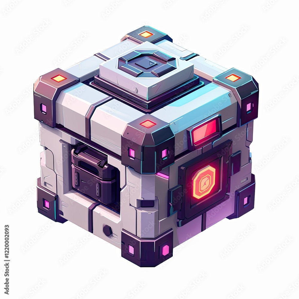 Poster a stylized, futuristic cube with glowing elements, possibly a game item or resource container. isola