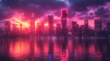 Fototapeta premium Glowing Neon Lights in Futuristic Cityscape with Dramatic Shadows - Photorealistic Urban Landscape