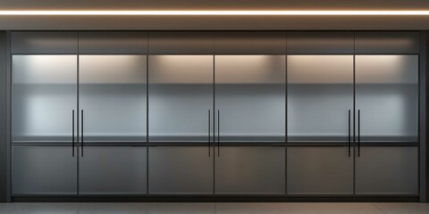 A sleek rendering of kitchen cabinets with frosted glass panels and hidden hinges, isolated for a digital portfolio
