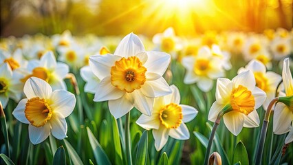 Stunning Aerial Drone Shot: Yellow & White Daffodil Field, Spring Bloom, Nature Photography, Isolated Background