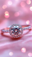 Fototapeta premium Closeup of diamond ring on soft pink bokeh background elegant bridal accessory romantic engagement jewelry beautiful wedding gift luxury celebration