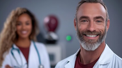 Confident doctor smiling, colleague blurred background, medical office, healthcare